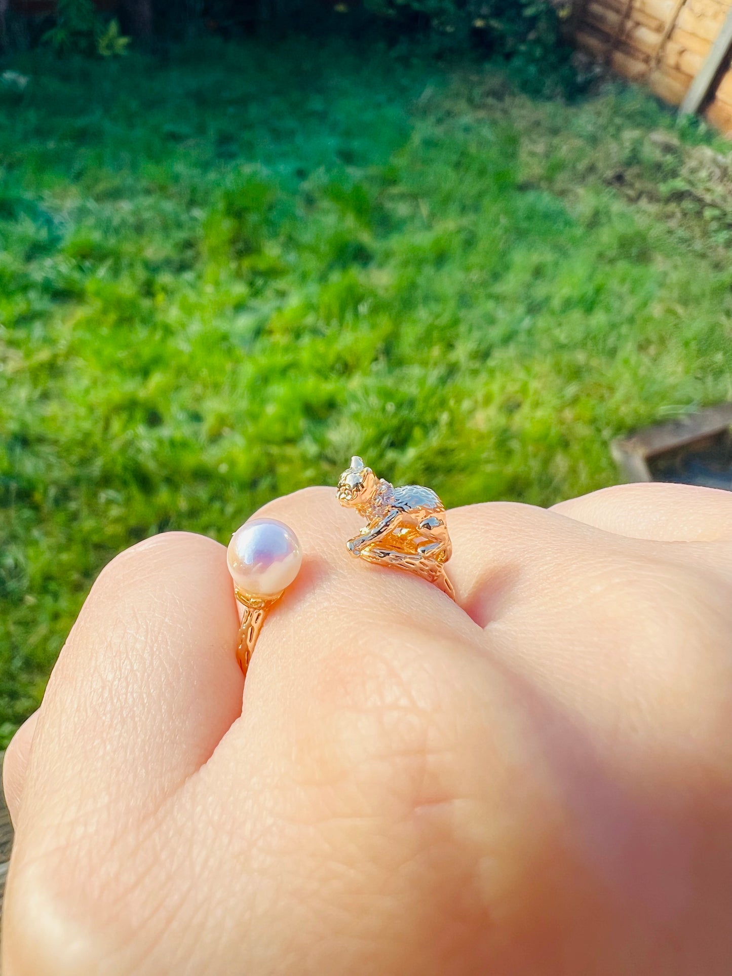 Cat playing with pearl ring