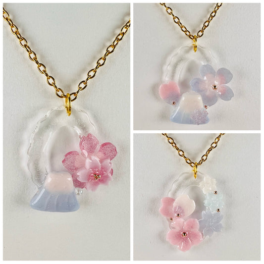 Sakura & Fuji in oval painting necklaces 日系富士櫻造型項鍊