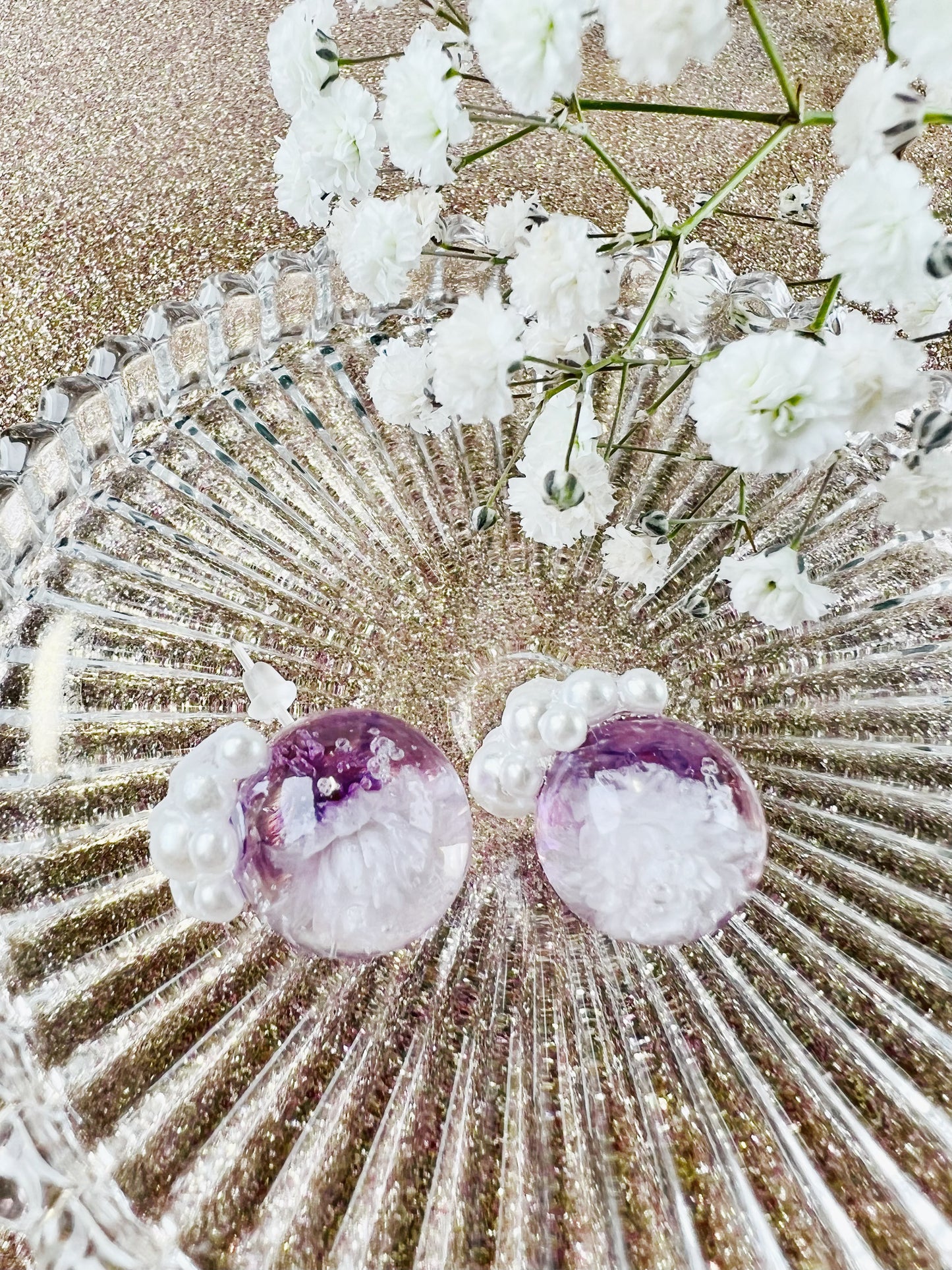 Purple flower with pearls earrings