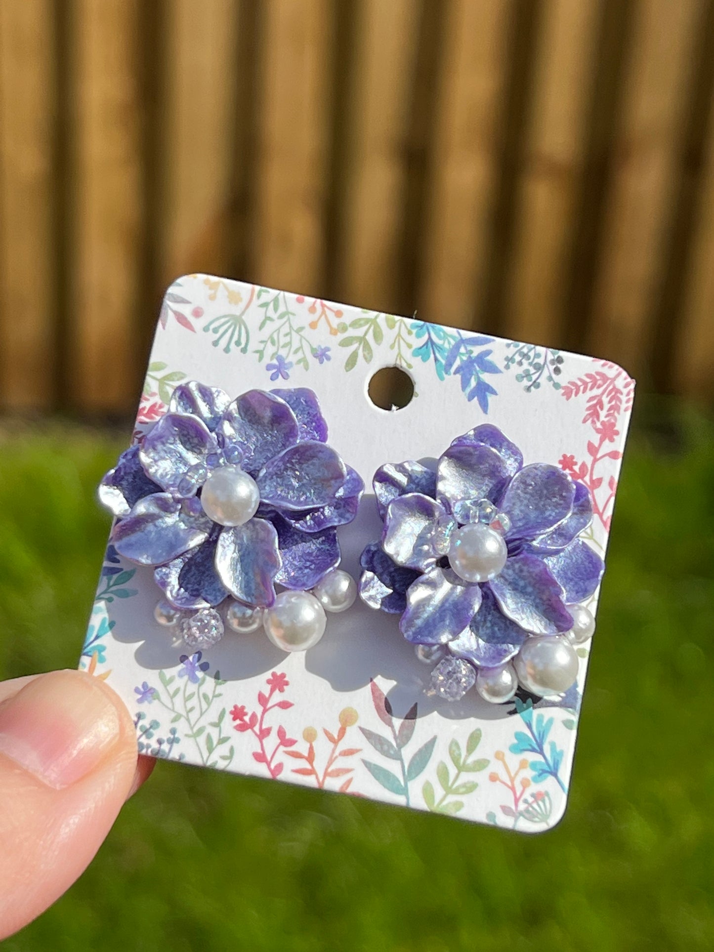 Purple daisy with pearls and colourful bubbles earrings