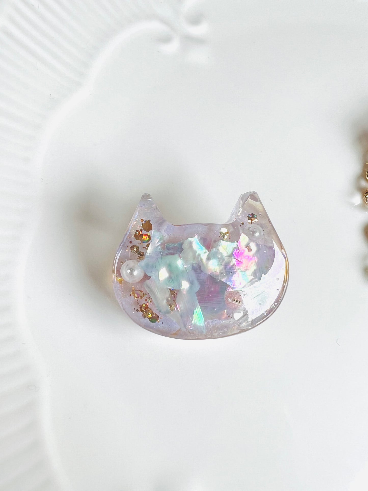 Lovely cat with shiny shell and pearl brooches