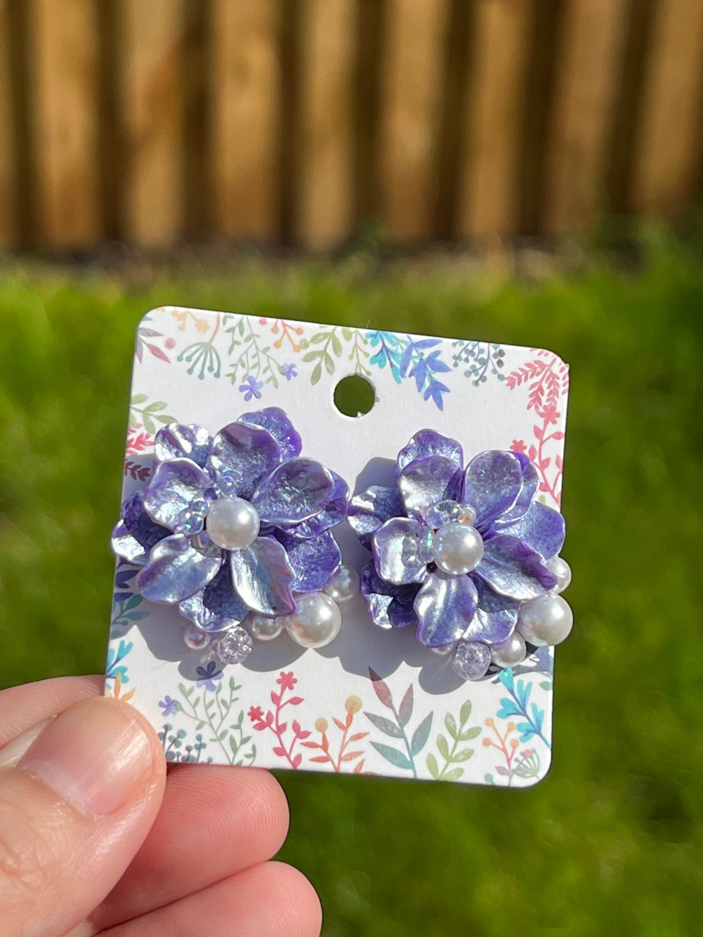 Purple daisy with pearls and colourful bubbles earrings