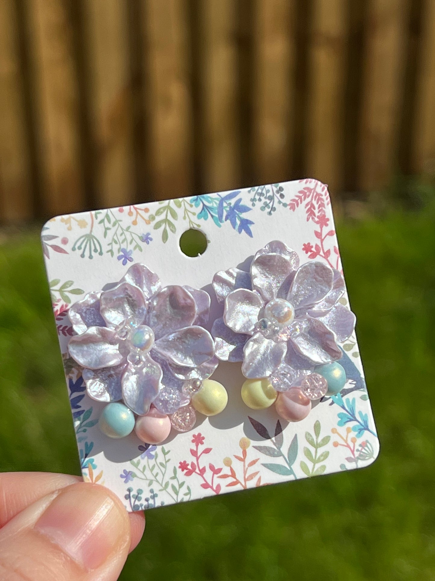 Purple daisy with pearls and colourful bubbles earrings