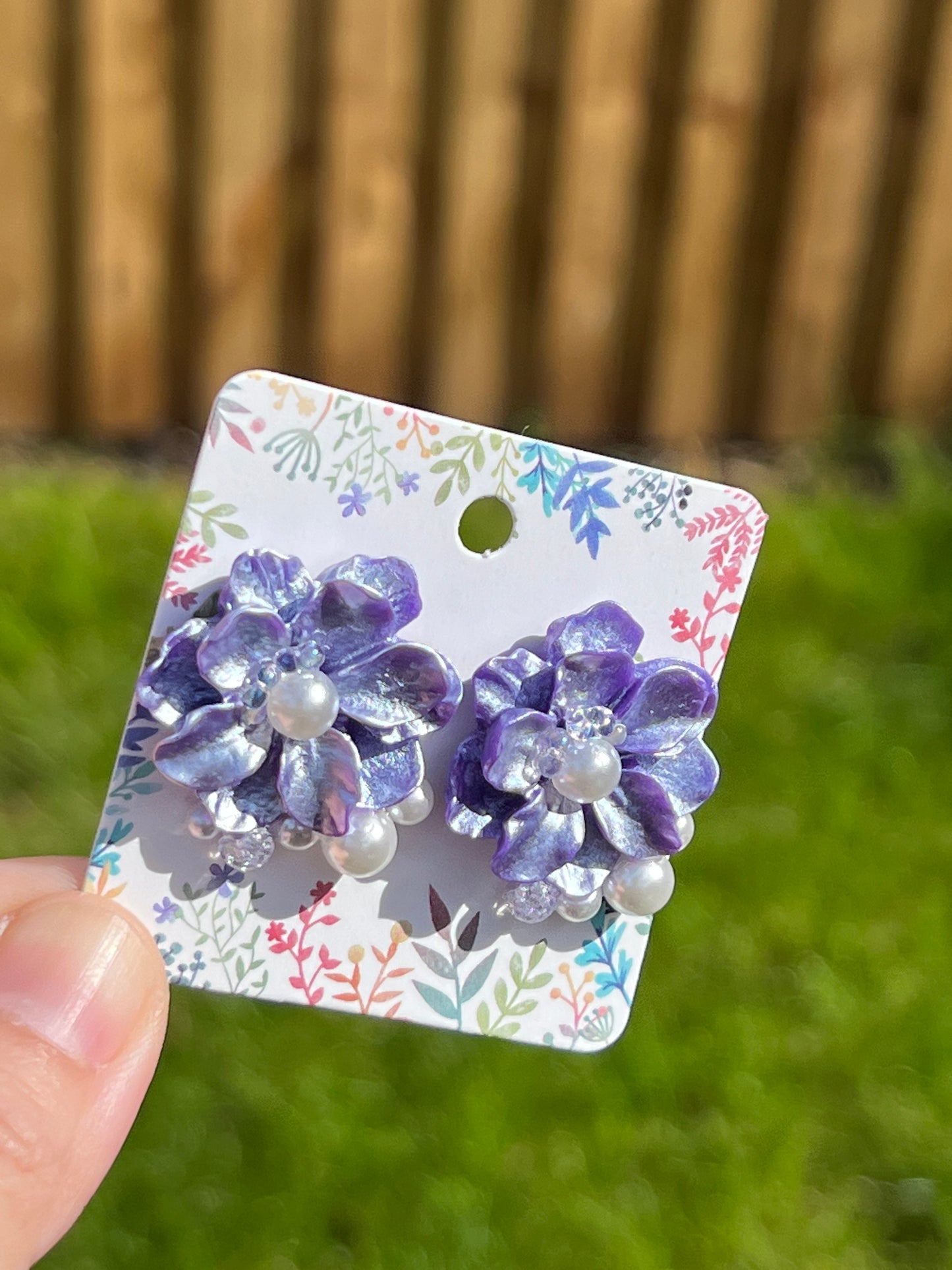 Purple daisy with pearls and colourful bubbles earrings