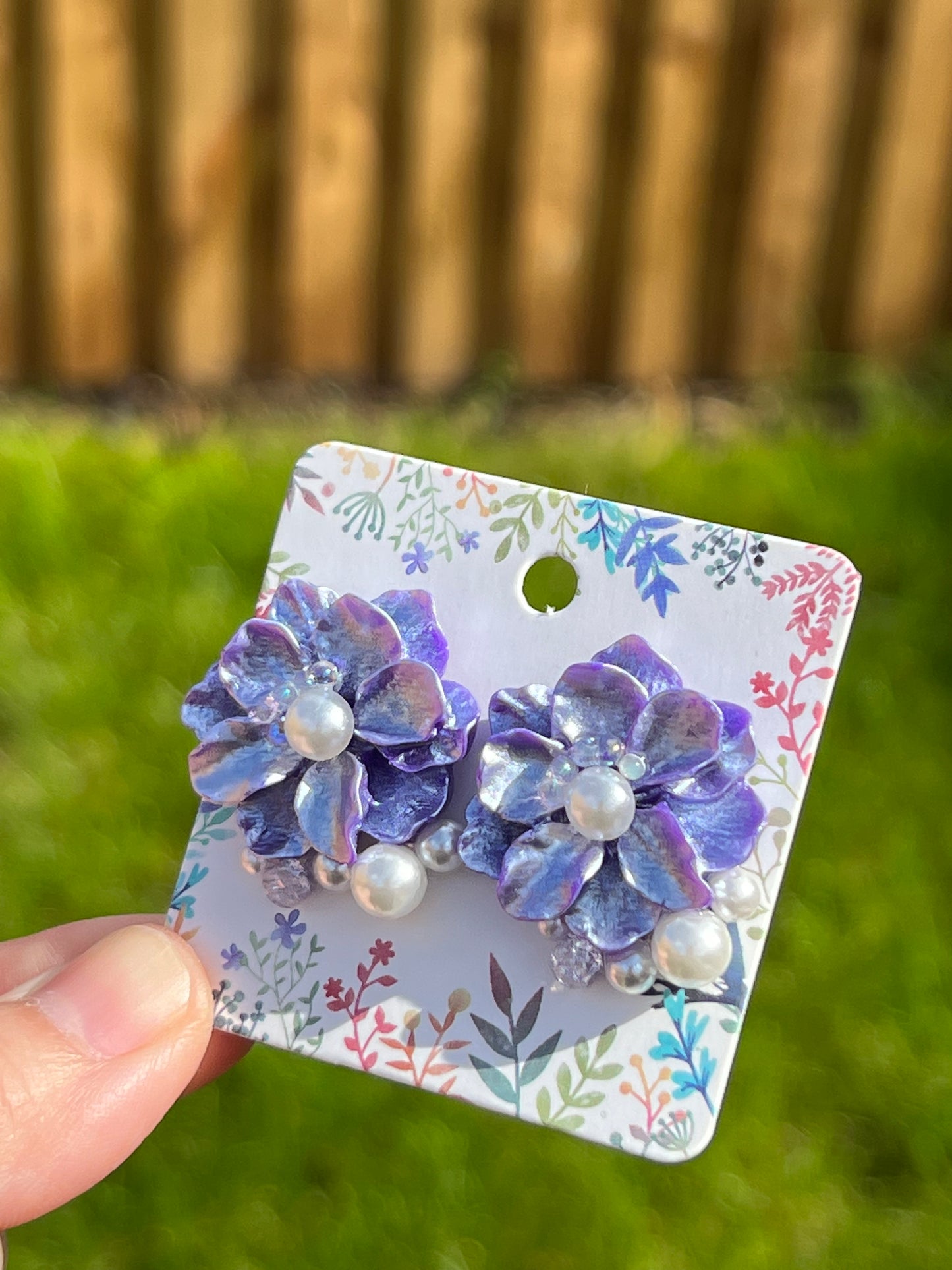 Purple daisy with pearls and colourful bubbles earrings